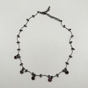 Vtg Gunmetal Tone Necklace Curve Bar Link Pink Stone 18 1/2" Y2K Prom Homecoming